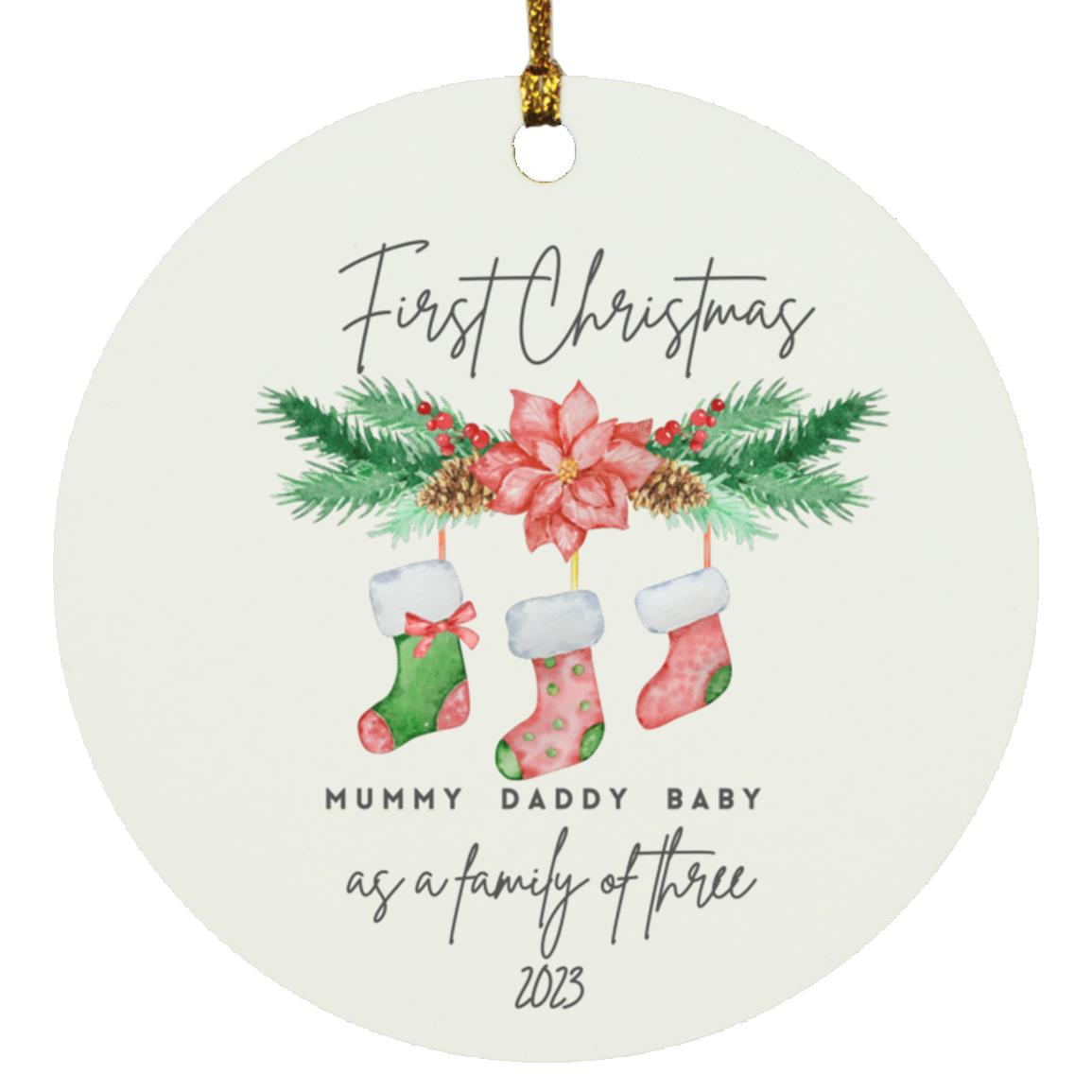 “First Christmas As Family Of Three” Circle Ornament
