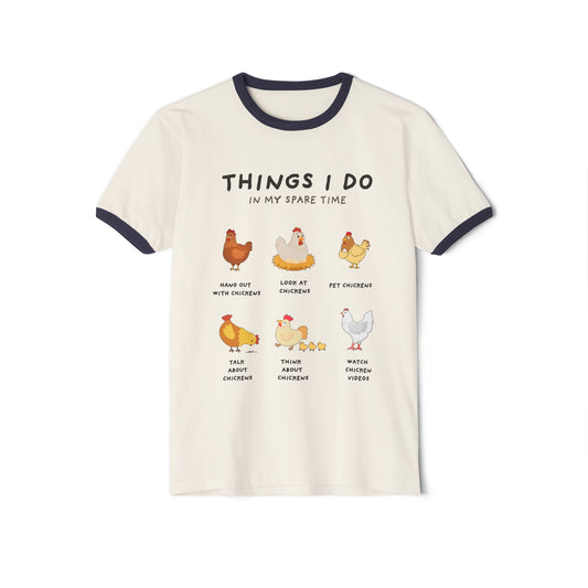 Chicken Lover Ringer T-Shirt — "Things I Do in My Spare Time" Cute Hen Graphic Tee